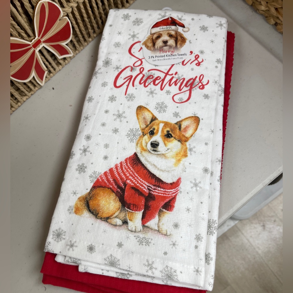 Christmas Corgi Dogs Holiday Kitchen Season’s Greeting Red Towel Set of 3 NWT